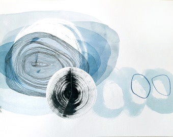 blue bubbles, abstract landscape, 7 o'clock, watercolour collage, black ink circle, original artwork, 32x24cm