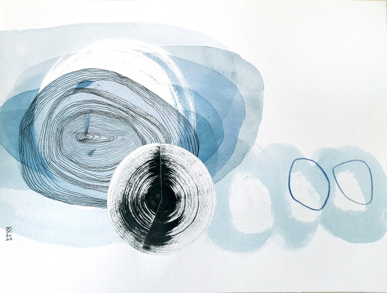 blue bubbles, abstract landscape, 7 o'clock, watercolour collage, black ink circle, original artwork, 32x24cm image 1