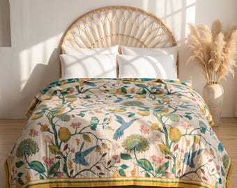 Floral Blanket Summer Throw Boho Bedspread Lightweight Breathable Reversible Multilayer Quilt Coastal Bedding