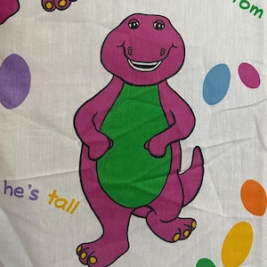 Vintage Set of Barney the Dinosaur Twin Sheets with Curtain Panel - 1992 - 1 Flat Sheet, 1 Fitted Sheet, 1 Curtain