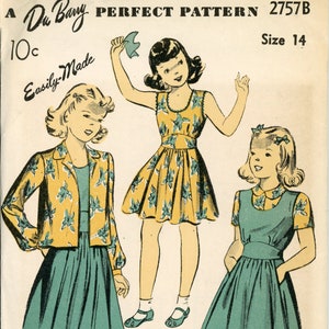 May include: A vintage sewing pattern for a dress and jacket. The pattern is for size 14 and is called "Perfect Pattern" by Du Barry. The pattern is illustrated with three drawings of girls wearing the dress and jacket. The dress is yellow with a floral print and the jacket is yellow with a floral print. The girls are wearing green skirts.