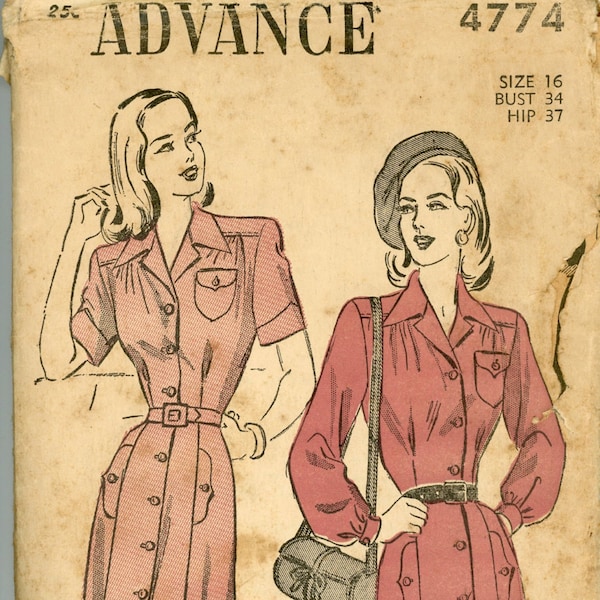 Vintage Advance Pattern 4774 - ca. 1948 - Women's Dress Size 16 Bust 34