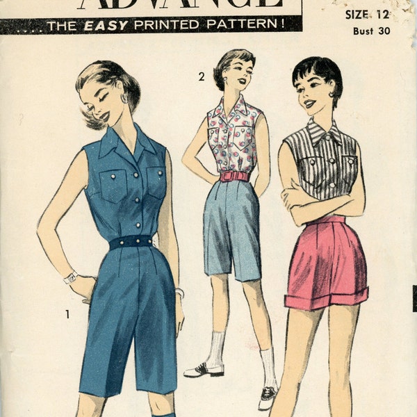 Vintage Advance Pattern 7877 - ca. 1956 - Misses' Shorts and Shirt Size 12 Bust 30