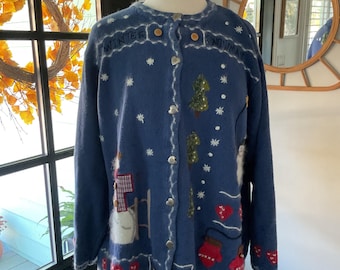 Vintage 1990s Quacker Factory Christmas Winter Snowman Cardigan Sweater - 2X