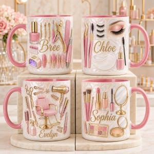 May include: Four white ceramic mugs with pink interiors and handles, each featuring a unique beauty theme. The mugs display the names Bree, Chloe, Evelyn, and Sophia alongside detailed illustrations of nail tools, makeup, and salon equipment.