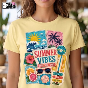 Sommarvibbsskjorta, tropiska kläder med fuskbroderi, sol- och havschysst t-shirt, retro surftopp med estetik, tryckt lapptäcke och strandoutfit med grafisk design