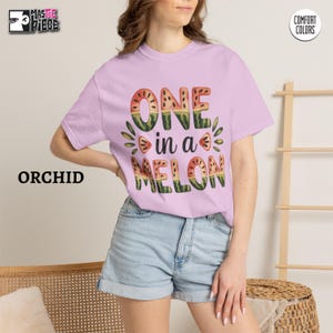 Orchid Comfort Colors 1717 t-shirt with cute watermelon summer graphic, styled with denim shorts
