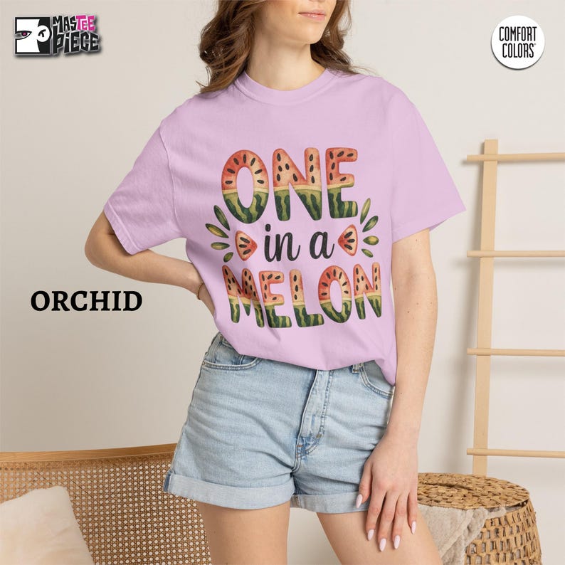Orchid Comfort Colors 1717 t-shirt with cute watermelon summer graphic, styled with denim shorts
