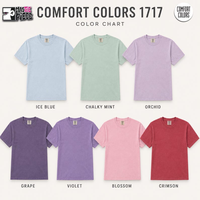 Comfort Colors 1717 color chart with Ice Blue, Chalky Mint, Orchid, Grape, Violet, Blossom and Crimson t-shirts