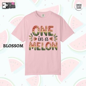 Blossom Comfort Colors 1717 pink t-shirt with watermelon graphic design on pastel summer background