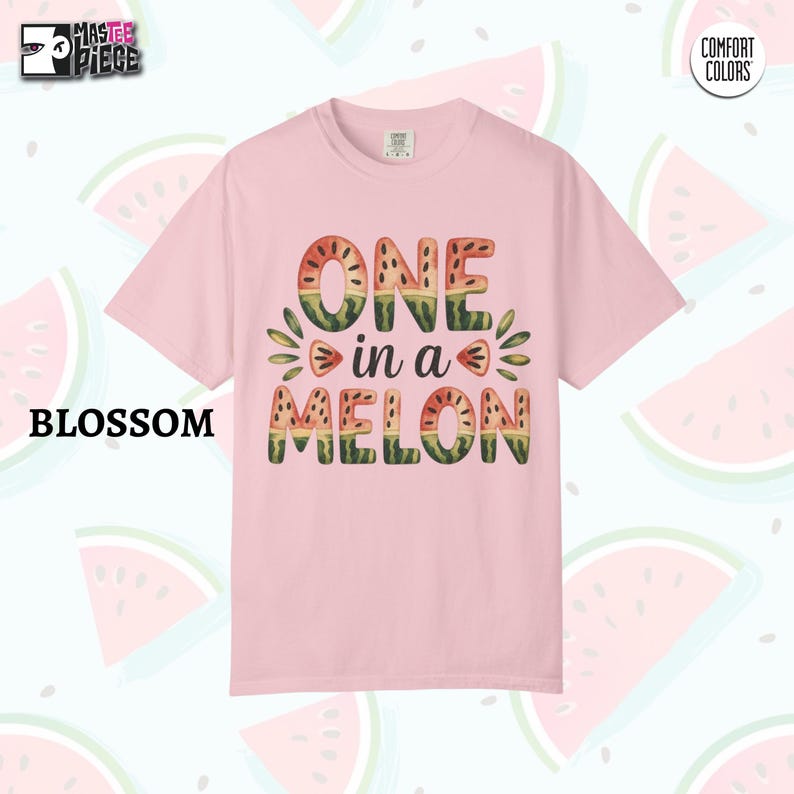 Blossom Comfort Colors 1717 pink t-shirt with watermelon graphic design on pastel summer background