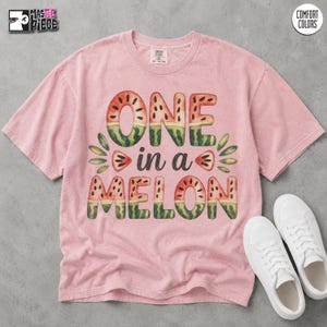 Blossom pink Comfort Colors 1717 flat lay t-shirt with watermelon graphic and white sneakers