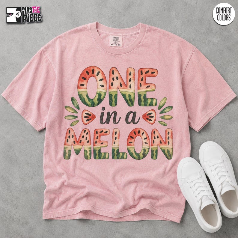 Blossom pink Comfort Colors 1717 flat lay t-shirt with watermelon graphic and white sneakers