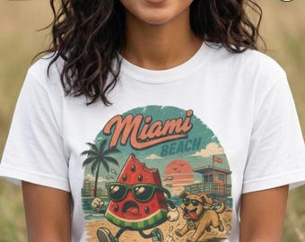 Koszulka z motywem letniego klimatu retro z arbuzem, zabawna koszulka z psem z Miami Beach