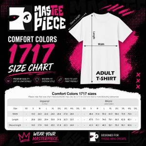 Comfort Colors 1717 adult t-shirt size chart with width, length and sleeve length measurements