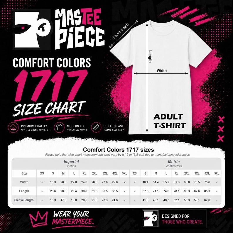 Comfort Colors 1717 adult t-shirt size chart with width, length and sleeve length measurements