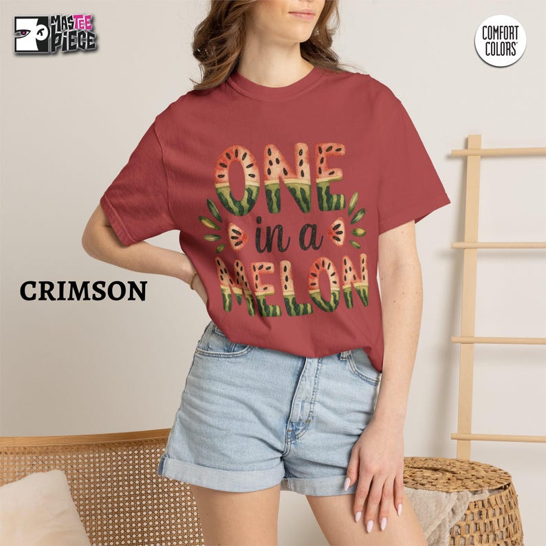 Crimson Comfort Colors 1717 t-shirt with One in a Melon watermelon graphic styled on female model