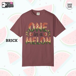 Brick Comfort Colors 1717 t-shirt with One in a Melon watermelon print on summer themed background