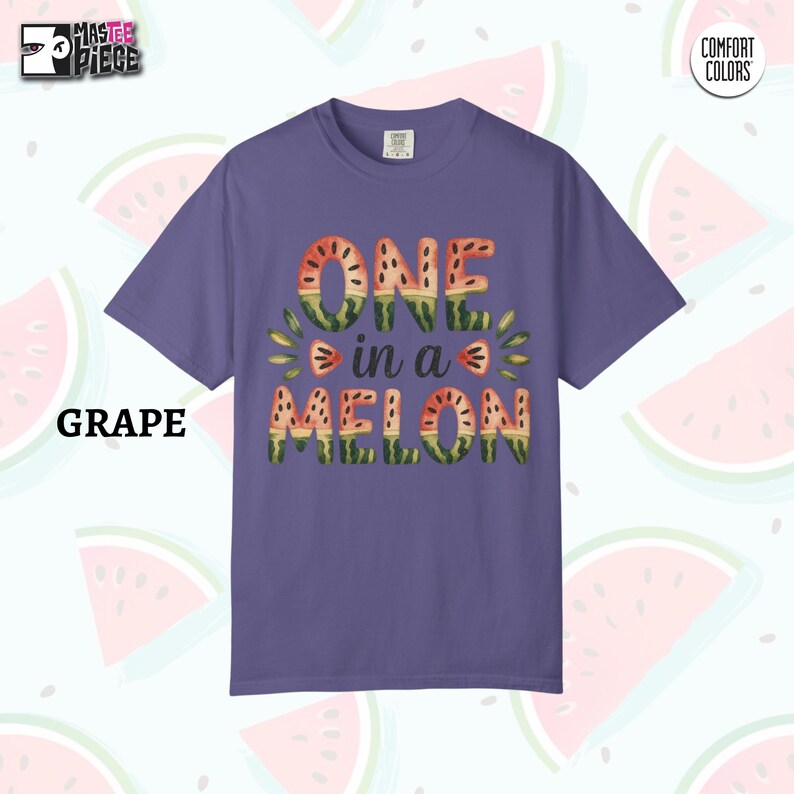 Grape Comfort Colors 1717 purple t-shirt with One in a Melon watermelon design on summer background