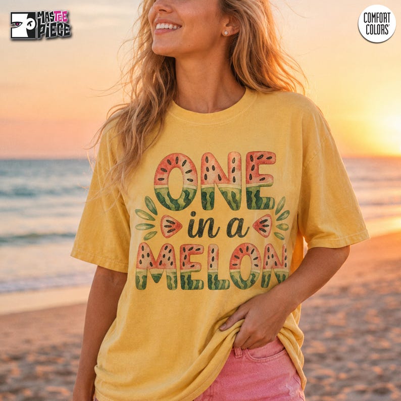 Banana yellow Comfort Colors 1717 beach sunset t-shirt with One in a Melon watermelon print