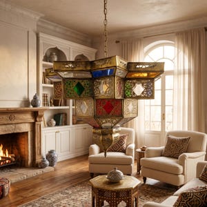 May include: A large, ornate brass chandelier with colorful stained glass panels hangs from the ceiling. The fixture features geometric shapes and intricate cut-out designs, casting warm light. The room has a fireplace, chairs, and a patterned rug.