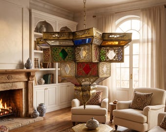 Lanterna marocchina in vetro e rame - Lampada a sospensione realizzata a mano - Apparecchio di illuminazione antico in rame - Patrimonio marocchino vintage