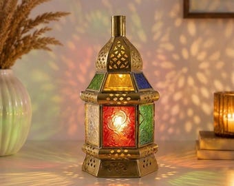 Farol marroquí de vidrieras – Farol de latón hecho a mano, decoración bohemia para patio