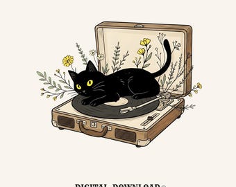Dark Cat PNG Cat Sound Gift Cartoon Digital Download Black Cat Printable Cat Fan Feline PNG Audio Graphic Hand Drawn Vinyl Player