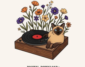 Siamese Kitty PNG Cat Instruments Gift Hippie Digital Download Cat Printable Feline Fan Bohemian PNG Music Graphic Sketch Vinyl Player