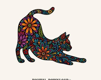 Floral Cat PNG Cat Pet Gift Boho Digital Download Kitty Printable Cat Fan Feline PNG Animal Graphic Psychedelic Flowers