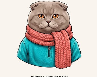 Scottish Fold Cat PNG Cat Animal Gift Cute Digital Download Cat Printable Cat Fan Kitten PNG Creature Graphic Hand Drawn Scarf