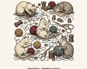 Cats Playing Yarn PNG Cat Sewing Gift Vintage Digital Download Kittens Printable Cat Fan Retro PNG Sewing Design Hand Drawn Sewing Tools