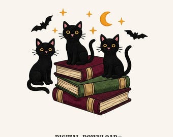 Black Cats PNG Cat Fall Gift Threadwork Digital Download Kitties Printable Cat Fan Embroidery PNG Autumn Graphic Retro Books