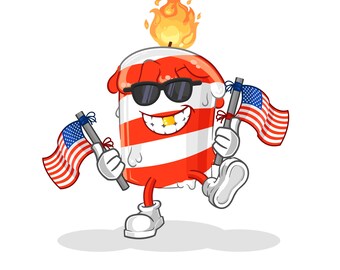 Modern American Flag Candle PNG, Patriotic Birthday Mascot Clipart, 4th of July Cartoon Character, USA Sublimation Graphic Digital File