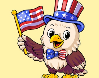 Cute Bald Eagle PNG, Patriotic Mascot Cartoon Clipart, American Flag Sublimation Design, 4th of July Eagle Digital Download Printable