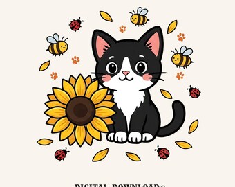 Black And White Cat PNG Cat Flower Gift Sweet Digital Download Kitten Printable Cat Fan Feline PNG Cute Floral Graphic Kitty Graphic