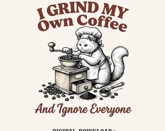Cat Chef PNG Cat Coffee Gift Vintage Digital Download Kitten Printable Cat Fan Retro PNG Coffee Bean Graphic Hand Drawn Coffee Grinder