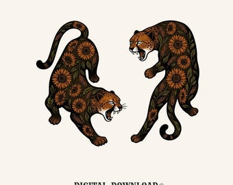 Leopard Blossom PNG Cat Gift Wilderness Gift Traditional Digital Download Flower Printable Cat Fan Classic PNG Nature Graphic Old School
