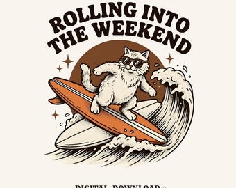 Surfing Cat PNG Cat Beach Gift Cartoon Digital Download Kitty Printable Cat Fan Feline PNG Coastal Graphic Retro Sunglasses