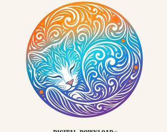 Napping Cat PNG Cat Wildlife Gift Hippie Digital Download Kitten Printable Cat Fan Feline PNG Psychedelic Graphic Animal Illustration Trippy