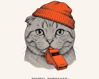 Feline Cap PNG Cat Joke Gift Line Art Digital Download Cat Hat Printable Cat Fan Cat Ear PNG Prank Graphic Hand Drawn Whistle