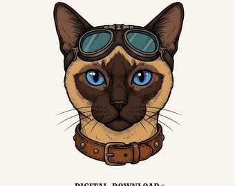 Siamese Kitty PNG Cat Pet Gift Sketch Digital Download Cat Printable Cat Fan Feline PNG Animal Graphic Retro Pilot Glasses