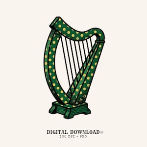 Arpa PNG Giorno di San Patrizio Regalo irlandese Vintage Download digitale Lira Stampabile Trifoglio Ventaglio Retro PNG Grafica celtica Pois disegnati a mano