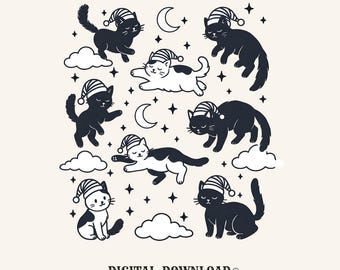 Napping Cats PNG Cat Bedtime Gift Cute Digital Download Kittens Printable Cat Fan Feline PNG Sleep Graphic Comic Pillows