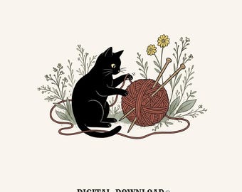 Black Kitten PNG Cat Crafts Gift Sketch Digital Download Kitten Printable Cat Fan Drawing Graphic Retro Yarn Ball PNG