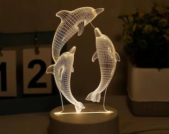 3D Dolfijn LED Nachtlampje, Acryl Illusielamp, Tafellamp met Oceaandieren, USB Slaapkamerdecoratie, Nachtlampje voor Kinderkamer, Cadeau