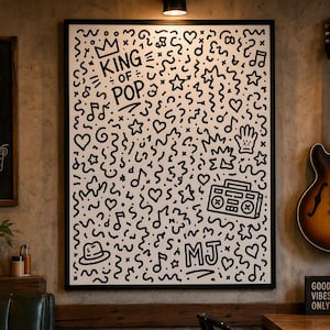 May include: A rectangular wall art print featuring a black and white doodle pattern with the text KING OF POP and MJ, surrounded by icons including hearts, stars, musical notes, a glove, a fedora hat, and a boombox, framed in a thin black border.