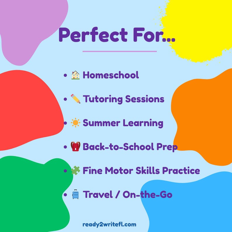 May include: A light blue informational graphic with purple text reading Perfect For... followed by a list: Homeschool, Tutoring Sessions, Summer Learning, Back-to-School Prep, Fine Motor Skills Practice, and Travel / On-the-Go, with colorful blobs.