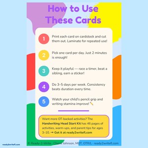 May include: An instructional card titled How to Use These Cards with five numbered steps in colorful circles. The text provides guidance on printing, daily usage, playful activities, frequency, and monitoring progress. Includes a footer with website text.