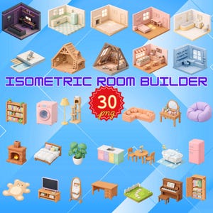 Può includere: Un assortimento di elementi di costruzione di stanze isometriche 3D, tra cui mobili e layout di stanze. L'immagine presenta vari oggetti, come una lavatrice, un divano, un letto e una scrivania, con il testo "ISOMETRIC ROOM BUILDER" e "30 png".